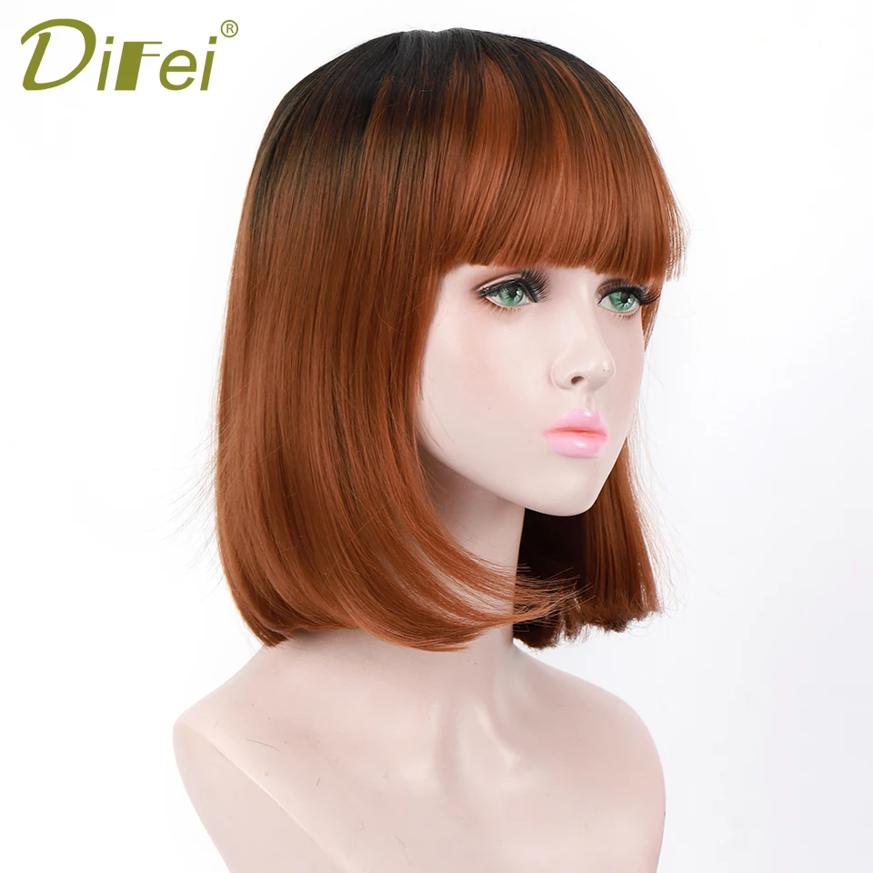 

DIFEI Short Straight Black Brown Ombre Synthetic Wigs with Bangs for Women Medium Length Bob Wig Daily Use False Hair