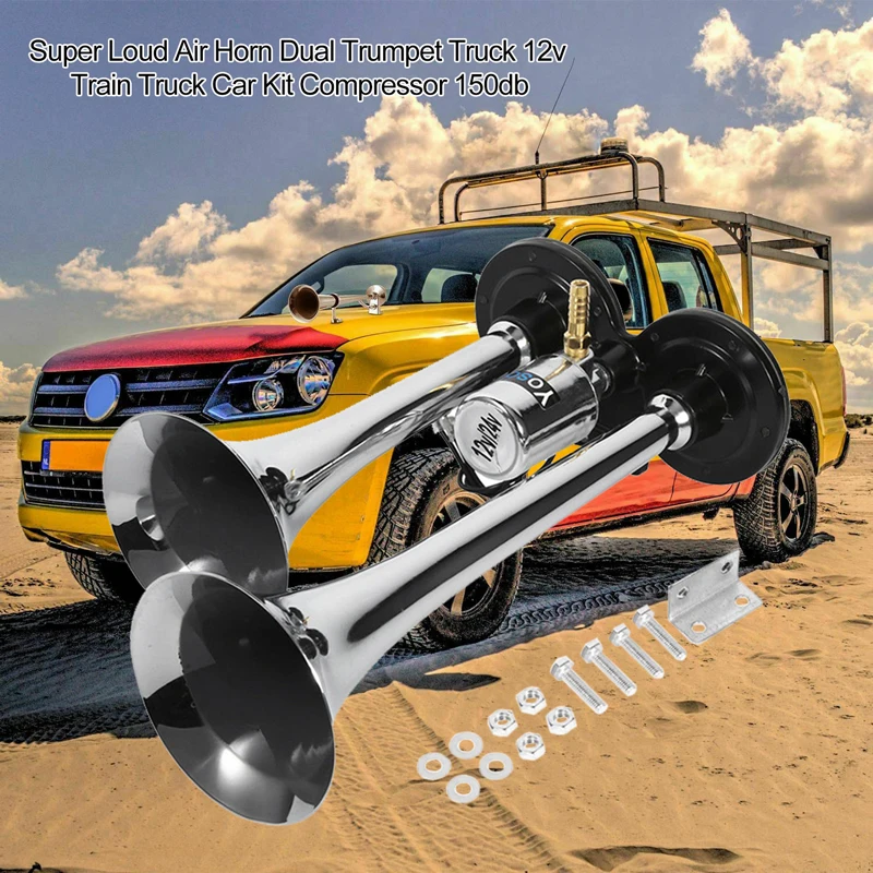 Super Loud Air Horn Dual Trumpet Truck 12v Train Truck Car Kit Compressor 150db