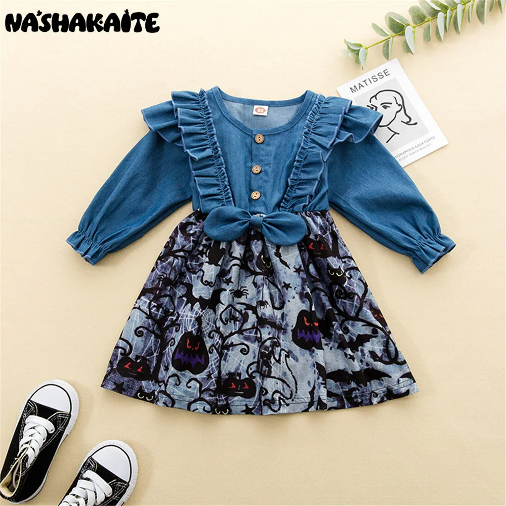 

NASHAKAITE Halloween Baby Girls Dresses Denim Patchwork Print Girl Dress Halloween Costume For Kids Winter Children Clothes