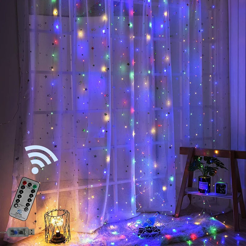 

USB Curtain String LED Light Garland LED Copper Remote Fairy Lights Christmas Window Decoration Wedding Party Light Outdoor Home
