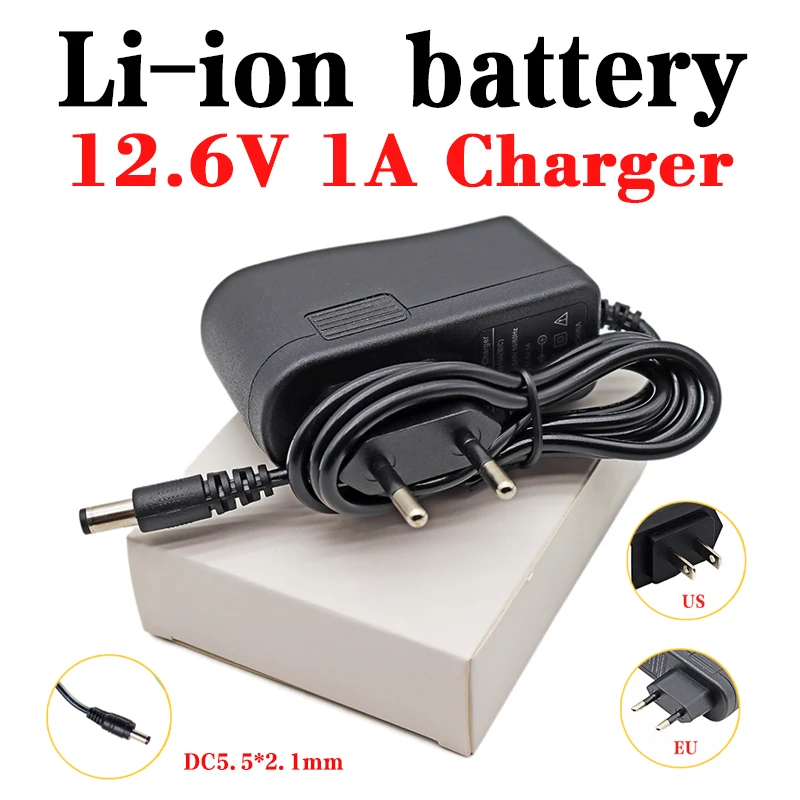 12.6V 1A Lithium/Polymer battery pack charger18650 Battery Pack 100-240V EU/US Plug Charger With Wire Lead DC 5.5*2.1*10MM | Электроника