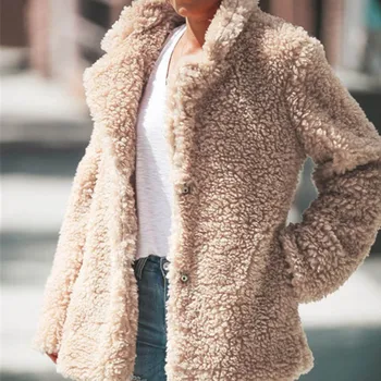 

Women Thick Warm Fleece Jackets Coats Fashion Solid Color Lapel Women Pocket Coat Winter Soft Jackets Elegant Female Outwear