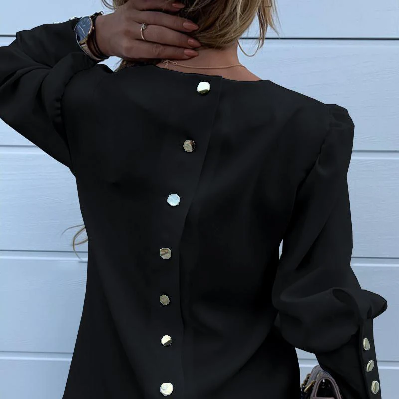 Однотонная рубашка с металлическими пуговицами, Женская офисная блузка с круглым вырезом и рукавами-фонариками, Повседневная модная женская рубашка