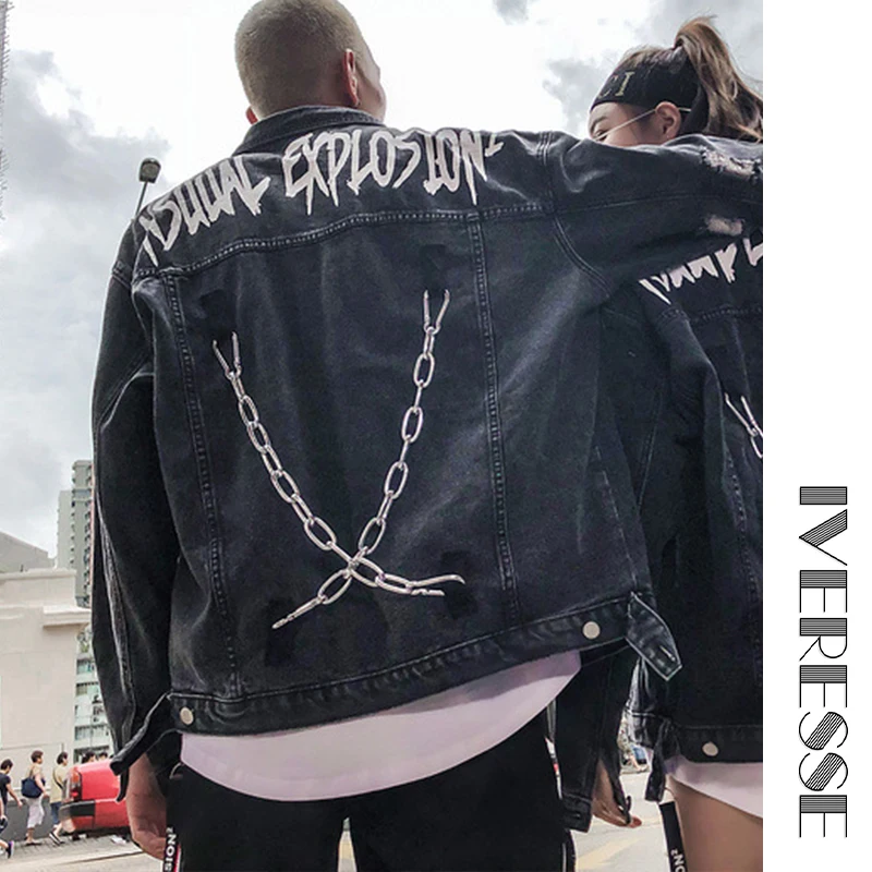 

Hole Chains Retro Letter Couples Wear Jacket Coat Male Denim Casual Hip Hop Baggy Outerwear Streetwear Jean For Men Bomber Coat