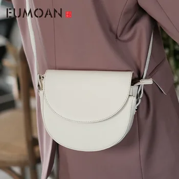 

EUMOAN Leather vintage sheepskin saddle bag, white semi-round stiletto bag, ladies fashion one-shoulder bag