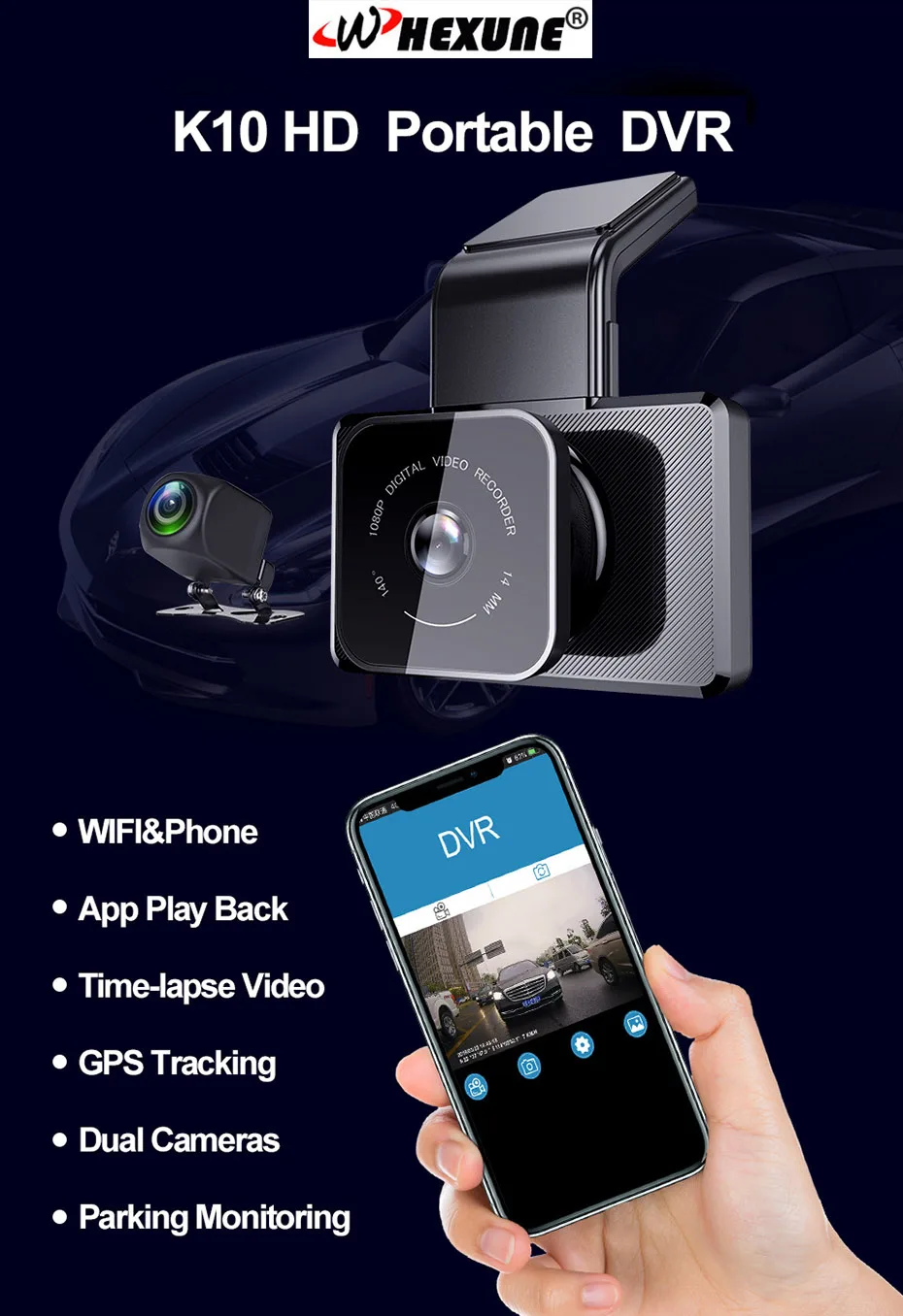 WHEXUNE DVR 3," gps Автомобильная dvr камера с двумя объективами видеорегистратор Full HD 1080P wifi Автомобильная камера рекордер 150 градусов ночное видение g-сенсор