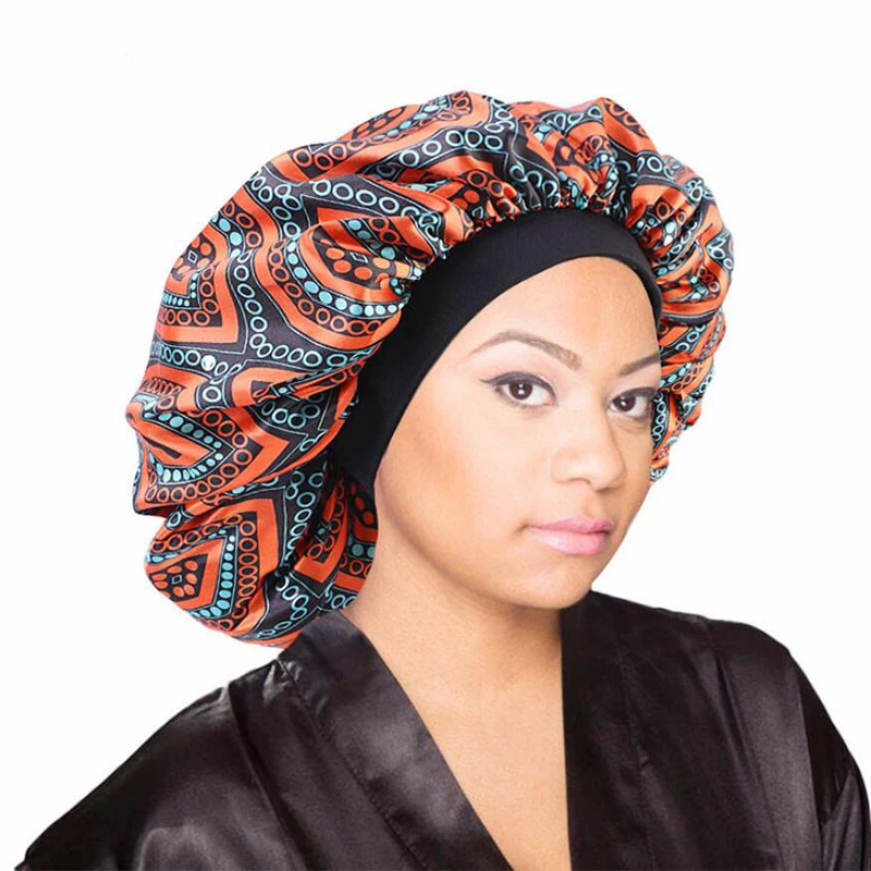 

New Extra Large Print Satin Silky Bonnet Sleep Cap Width Elastic Band for Women African Pattern Headwear Accessories Wholesale