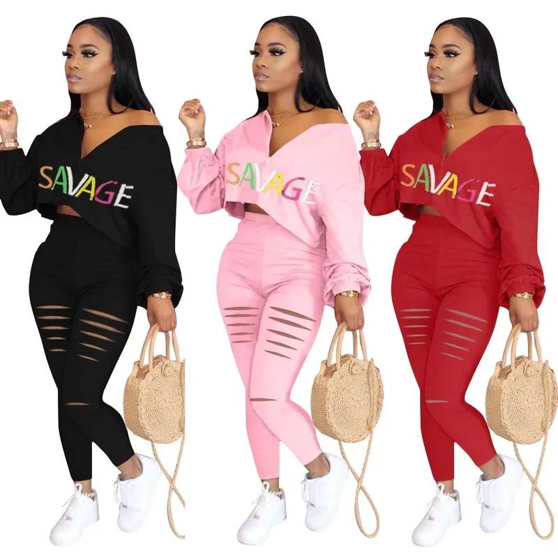 women clothing sets fall 2 Piece Set Sexy Zipper Collar Letter Print Long Sleeve Sweatshirt Hole trousers sports suit for |