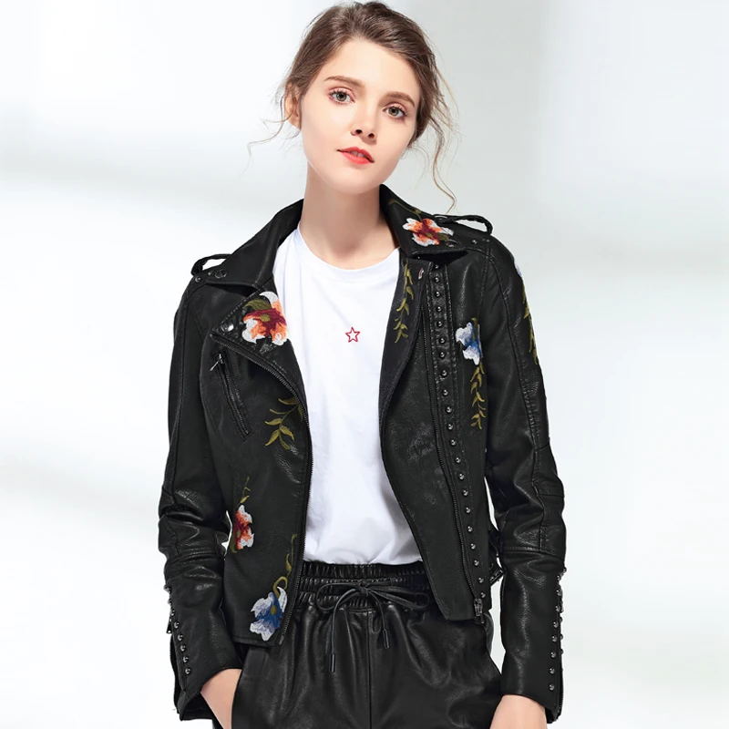 

Spring Autumn Women Leather Jacket Lady Floral Embroidery New Fashion Coat Turn-down Collar Motorcycle PU Jacket Female
