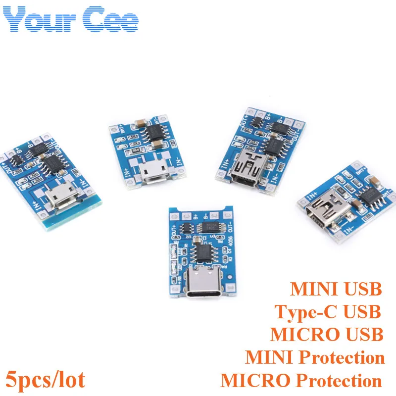 5 шт. зарядная плата TP4056 с разъемом Type-C/Micro USB В 1A 18650 | Электронные компоненты и