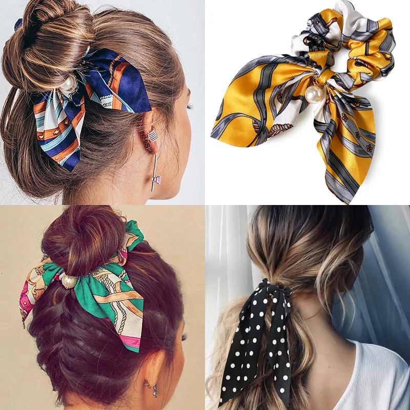 New Trend 2020 Chiffon Bowknot Silk Hair Scrunchies Women Pearl Ponytail Holder Hair Tie Rope Rubber Bands Hair Accessories - Scrunchie - AliExpress