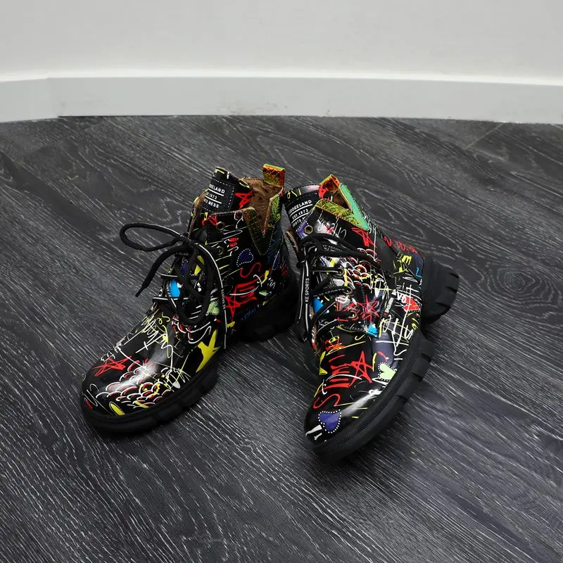 EGONERY/ботильоны для бега Женская обувь в стиле рок-рок для девочек; большие размеры с рисунком из мультфильма; коллекция года; зимние Ботинки на каблуке 4 см; Прямая - Цвет: black
