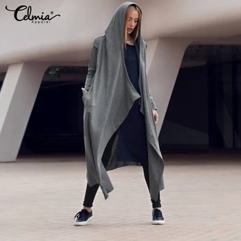 

2020 Celmia Women Thin Knitted Cardigan Coats Long Sleeve Hooded Solid Hoodies Casual Asymmetrical Loose Jackets Femme Long Tops