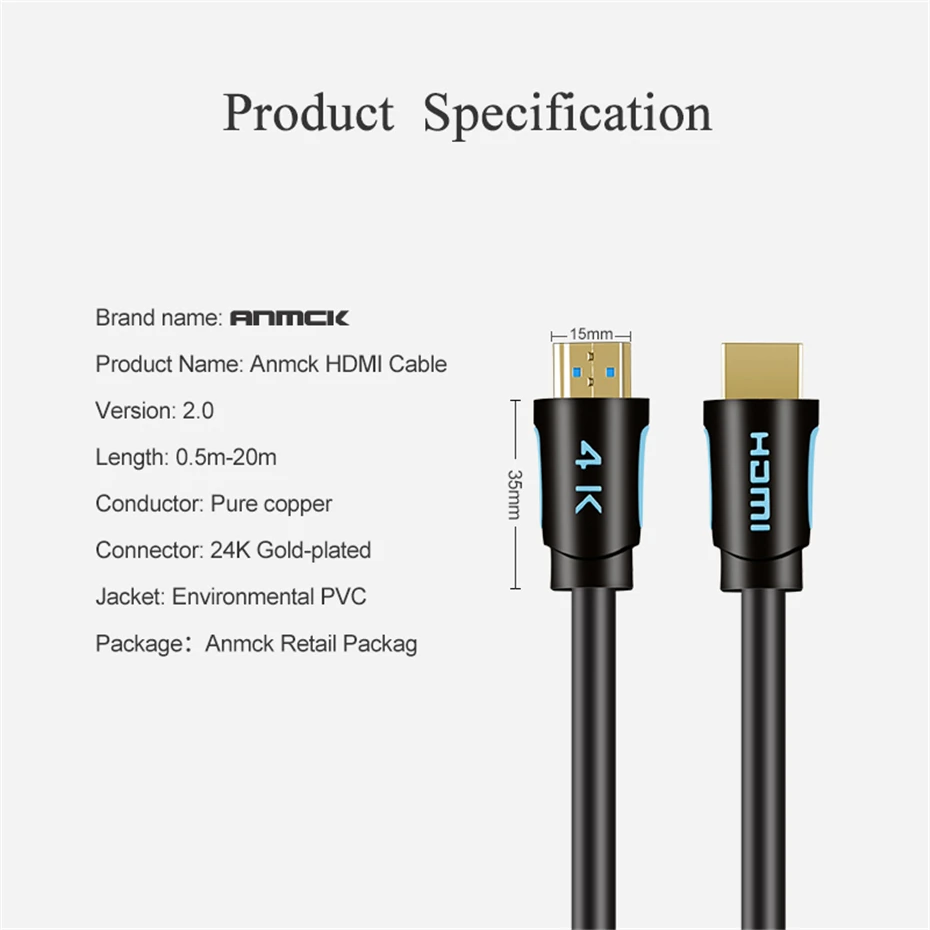 Anmck HDMI Cable 4K 60Hz 2.0 Version 0.5m 1m 2m 3m 5m Support ARC HDR 3D HDMI Male to Male Wire for HD TV Box XBOX PS4 Projector