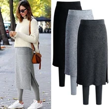 

FAKUNTN Autumn Winter Women's Full Length Pants Open Fork Skirt Fake 2 Piece Set Plus Size Warm Skinny Leggings For Women