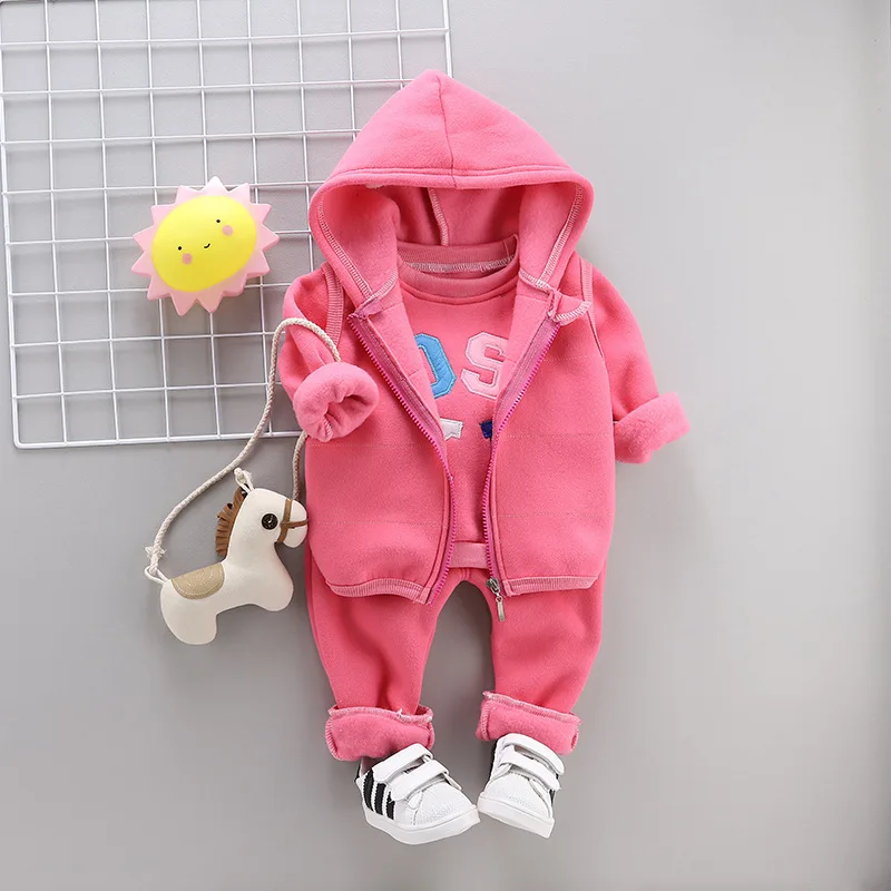 

Female Baby CHILDREN'S Sports Suit Autumn & Winter Korean-style Printed Letter Thin Fleece Hoodie Three-piece Set Fashion
