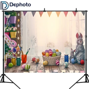 

Dephoto Easter Backdrop Painted Eggs Interior Room Decor Photography Background Rabbits Wooden Floor Children Portrait Studio