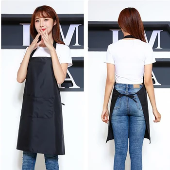 

Black Solid Color Kitchen Cleaning Women Apron Waterproof PVC Cloth Classic Design Work Apron With A Big Pocket