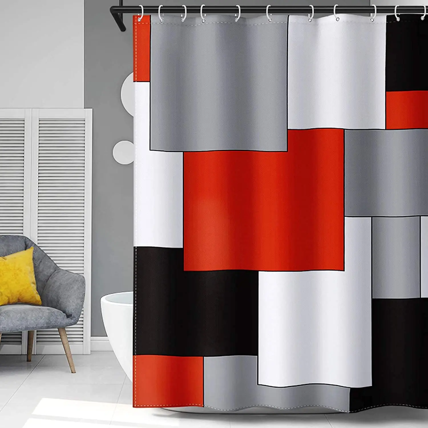 Abstract 3D Black Red Pattern Shower Curtain Set Bathroom Polyester Fabric Hooks 