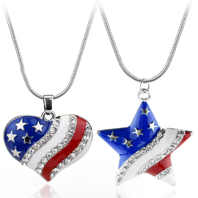 Американский флаг США Очаровательное ожерелье, подвески с хрустальным сердцем и звездами Подвесные Ожерелья чокер для патриотических женщин мужчин ювелирные изделия