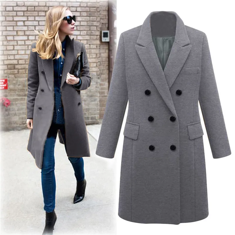 Осенне-зимний женский Повседневный шерстяной Тренч с отворотом и длинным рукавом, шерстяное пальто, однотонная Длинная Верхняя одежда на пуговицах, большие размеры - Цвет: Gray