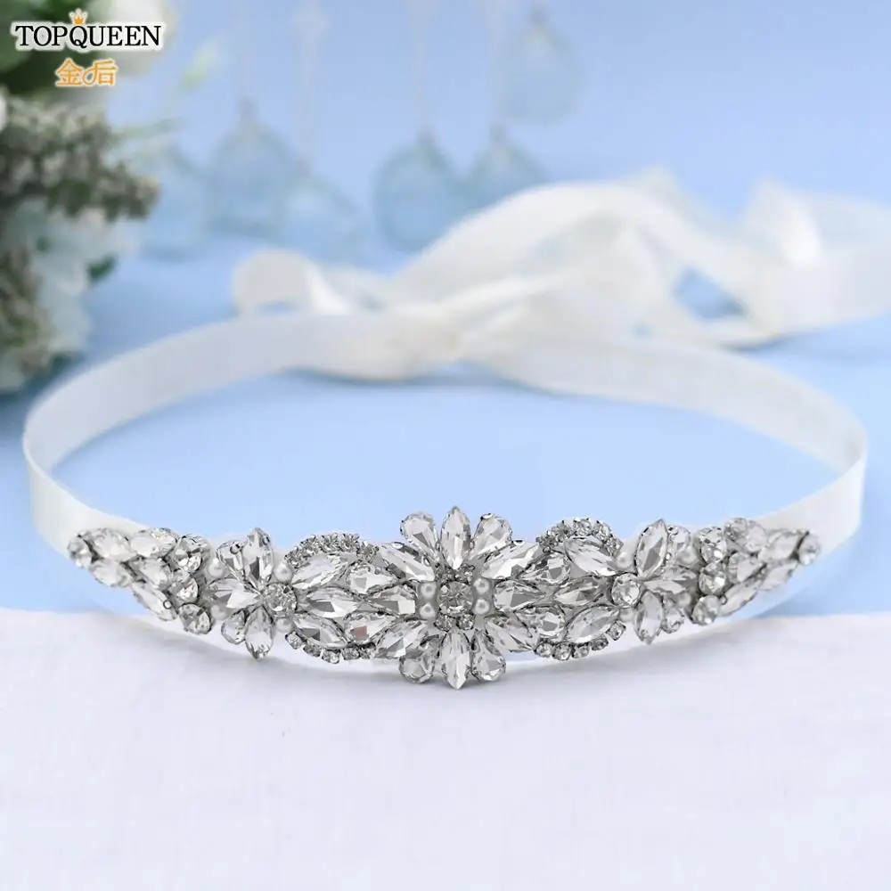 

TOPQUEEN S407 Luxury Wedding Belt with Ribbion Rhinestone and Pearl Belts for Dresses Sparkly Belt Party Belts for Women Girl