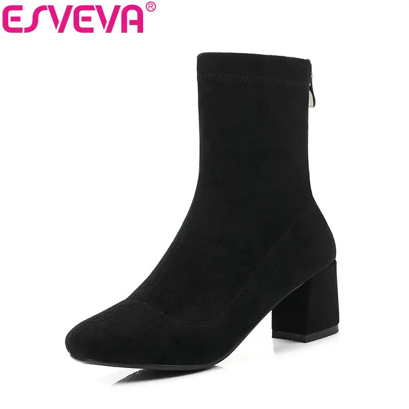 

ESVEVA 2020 Square High Heel Flock Round Toe Fashion Platform Ankle Boots Autumn Winter Zipper Casual Women Shoes Size 34-43