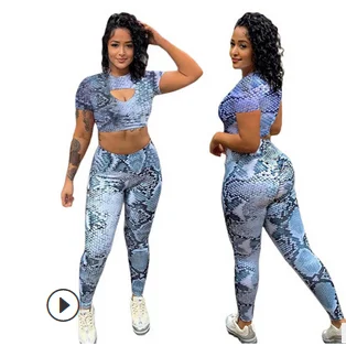 

Women’s Short Sleeve T-shirt Trousers Suit Fashion Snake Pattern Pullover Top and Tight High-waist Long Pants