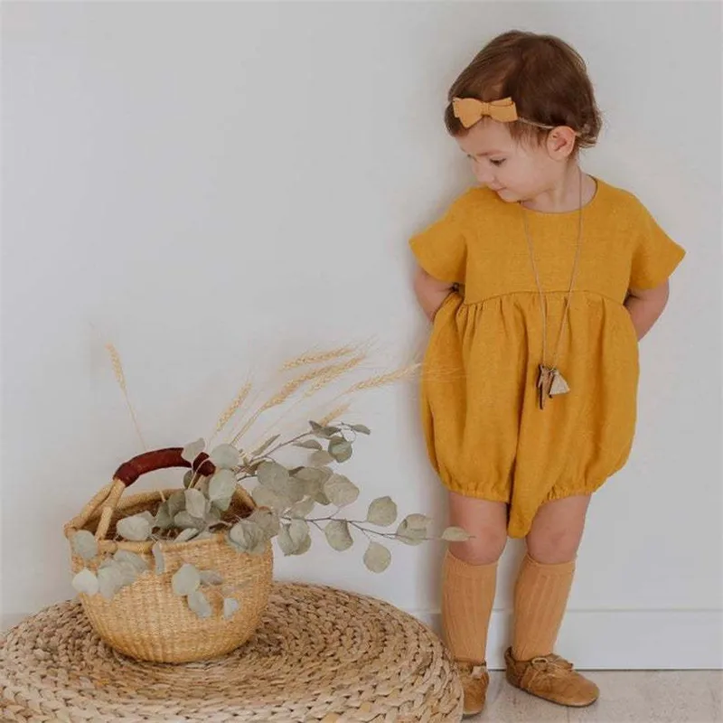 

New Baby Girl Solid Linen Bodysuit Baby Girls Bubble Playsuit Quality Summer Breathable Fabric Clothes Kids Button Linen Onesie