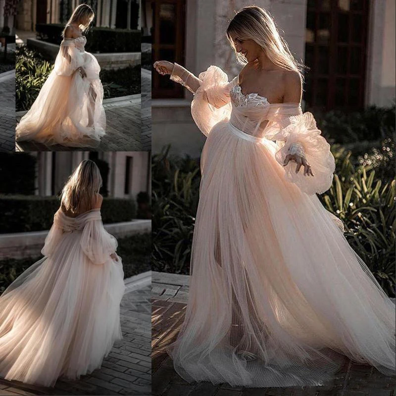 

2020 Light Pink A Line Wedding Dresses Long Sleeve Fairytale Countryside Off the Shoulder Lace Bridal Gowns Wedding Vestidos