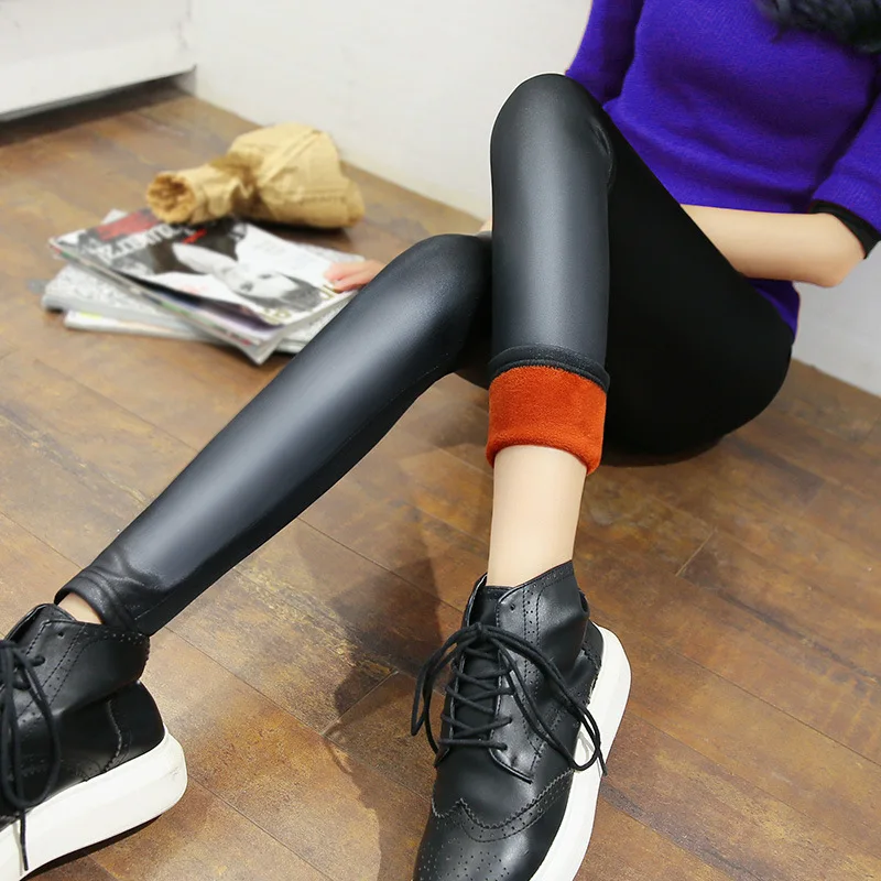 

Women's Winter Plus Velvet Thick Leather Pants Women Slim Slimming Trousers Ladies Solid Color Warm Pencil Pant Joggers Women