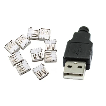 

20Pcs Connector: 10Pcs USB Type-A Socket 90-Degree Female Connector & 10Pcs Type A Male USB 4 Pin Plug Socket Connector