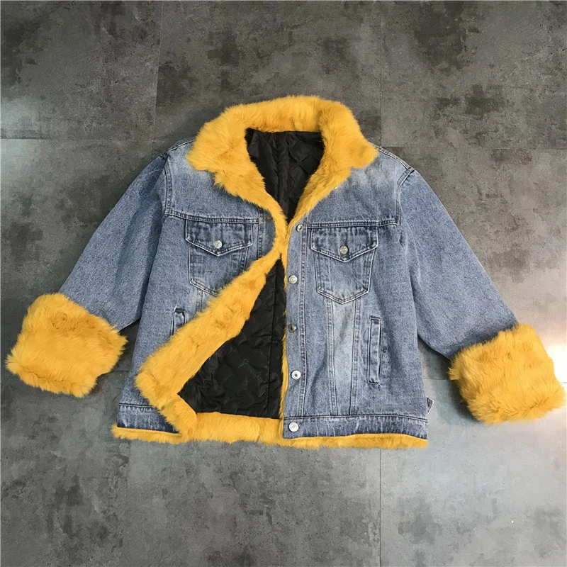 

Real Natural Rabbit Fur Denim Jacket Women Winter Coat Cotton-padded Rabbit Hair Splicing Cotton Denim Jacket Short Coat Trend
