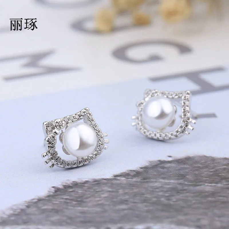 

Natural freshwater pearl earrings female hello Kitty cat earrings with crystal zircon jewelry February 14 Valentine's Day gift