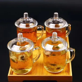 

Teacup Glass Household Thickening Heat-resistant Crack-proof Men and Women Carved Glass Cup Office Cup Large Capacity with Lid