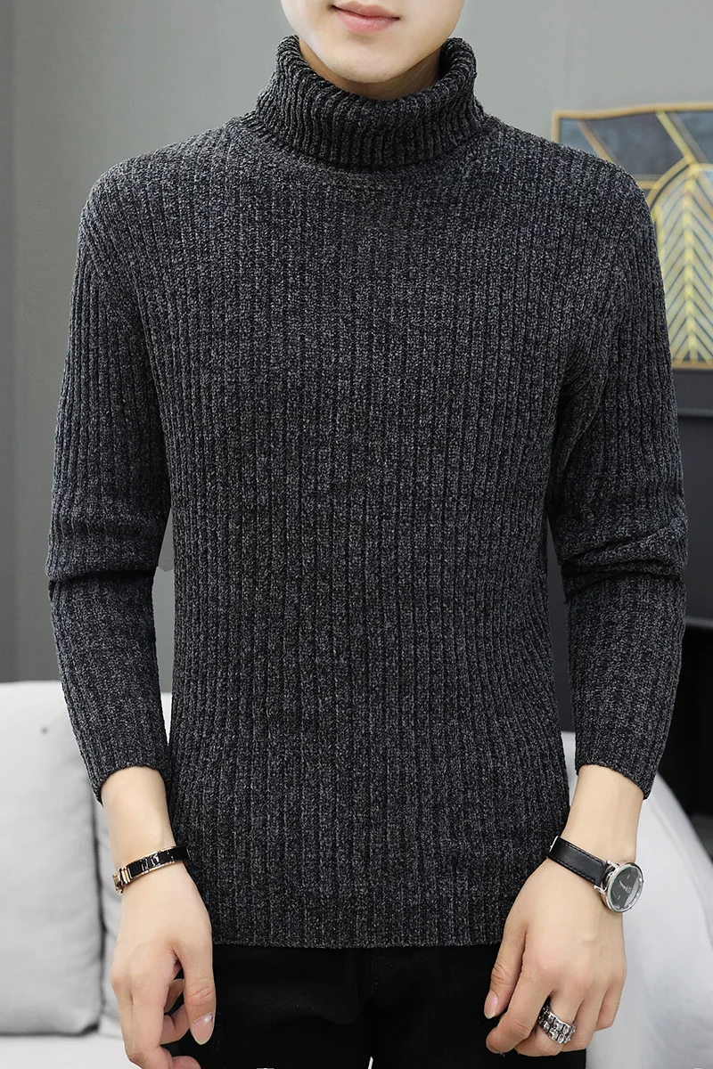 High Quality Warm Turtleneck Sweater Men Fashion Solid Knitted Mens Sweaters Casual Slim Pullover Male Double Collar Tops