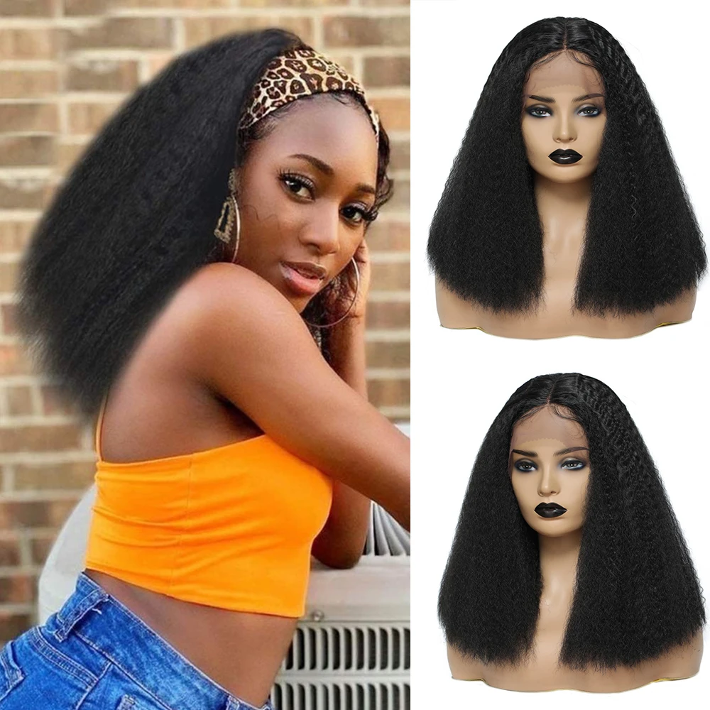 

SOKU Afro Kinky Straight Short Bob Wig Synthetic Lace Front Wigs 16 Inch Yaki Straight Black Hair For Women Middle Part Lace Wig