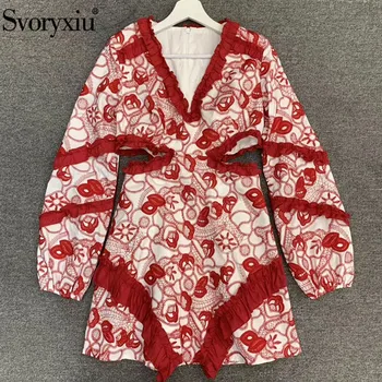 

Svoryxiu Sexy V-Neck Red Flower Embroidery Mini Dress Women's Elegant Lantern Sleeve Hollow Out Waist Fashion Dresses 2020