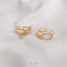 

14K bag gold micro mosaic zirconia half-mouth pearl ring pin ring DIY hand-knitted ball blank finger