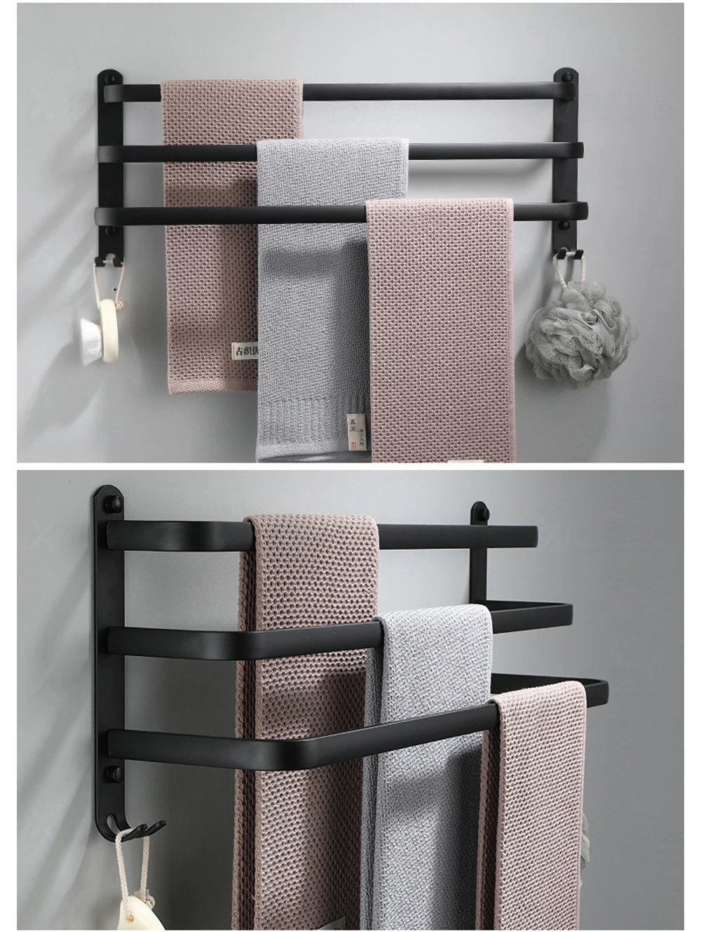 Bathroom Towel Rack 30-60CM Wall Mounted Shower Room Holder Kitchen Aluminum Multilayer Layer Wiht Hook Black Hanger Accessories