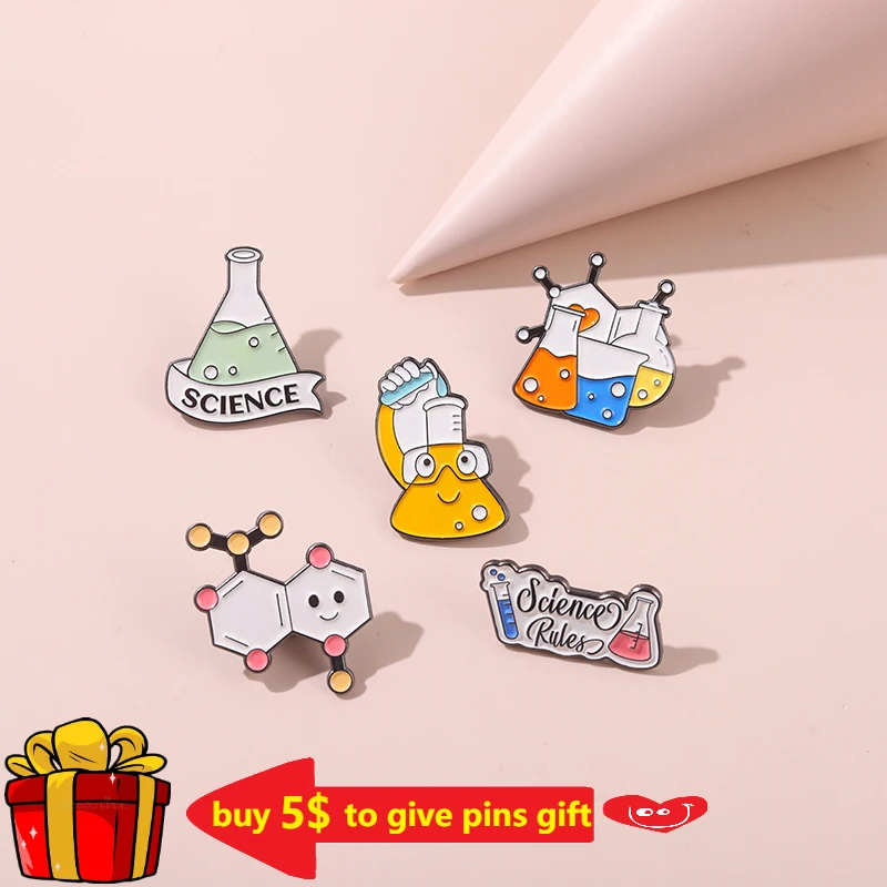 SUNNYCLUE 1 Box 6pcs 6 Style Lab Pins for Badge Enamel Pin Brooches Laboratory Equipment Flask Lapel Badge Pins Cute Brooches for