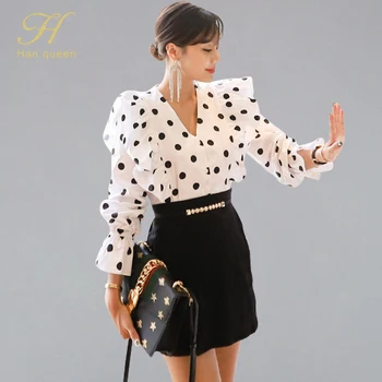 

H Han Queen Vintage Polka Dot White Shirt & High Waist Sheath Pencil Bodycon Short Skirts Women 2019 OL Chic Sweet 2 Pieces Set