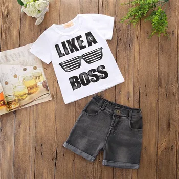 

2020 Boys Clothes Set New Style Fashion Boys Short-sleeved Letter T-shirt with Denim Shorts Jeans Pants Two-piece Suit