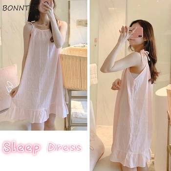 

Nightgowns Womens Summer Suspender Solid Sweet Sleep Dress Loose Lace Up Ruffles Spliced Cotton Home Comfy Soft Simple 2020 New