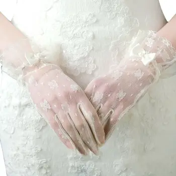 

Women Bridal Romantic Sheer Mesh Short Gloves Hollow Out Floral Lace Ruffles Cuffs Faux Pearl Bowknot Wedding Mittens