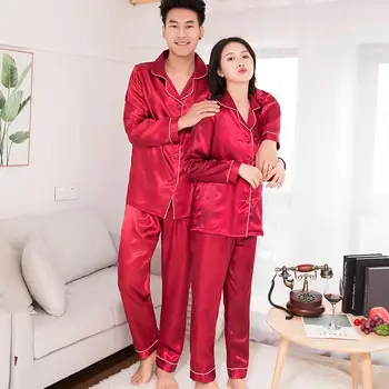 

Women Silk Satin Pajamas Set Couples Solid Color Long Sleeve Sleepwear Suit