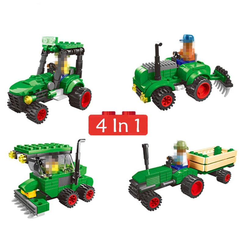 

4 In 1 Assembling Building Blocks Technology Agriculture Farm Car Driver Forklift Truck Small Particles Brick Harvester Children