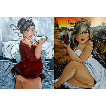 

Fat Woman Drink Coffee Cross Stitch Full Square Rhinestone & Women Diamond Fat Lady Grape Wine Full Round Diamond