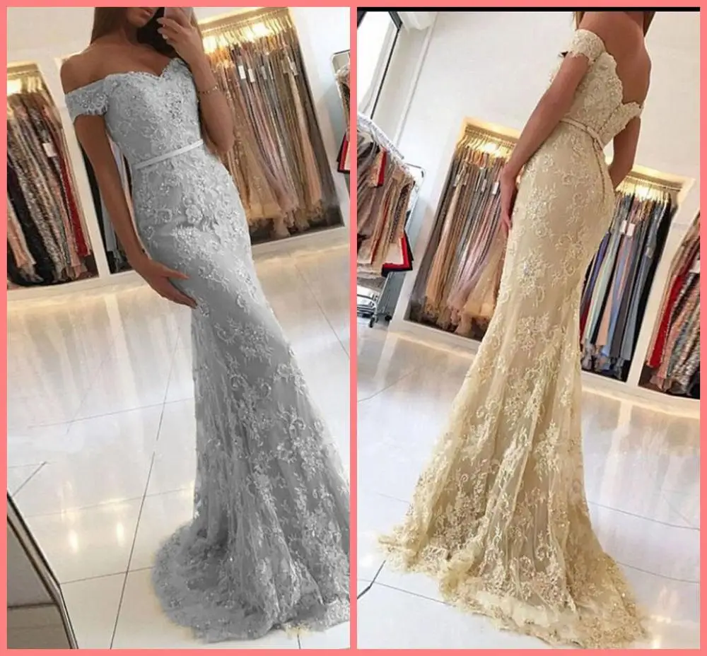 Robe de soiree серебряное кружевное вечернее платье русалки с открытыми плечами v-образный вырез декольте украшен бисером блестки длинное вечернее платье горячая Распродажа