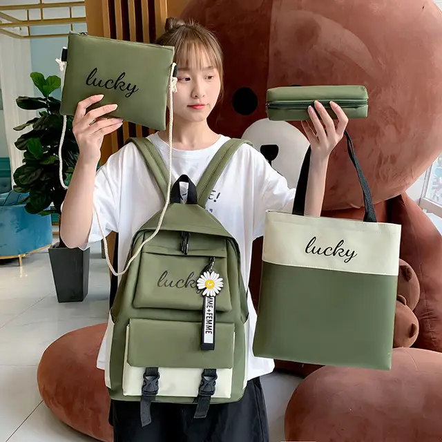 Canvas Girls Fashion Schoolbag Large Capacity Student Korean Backpack All-match Multifunctional 4 Piece Set Bolsa Sac A Dos 2